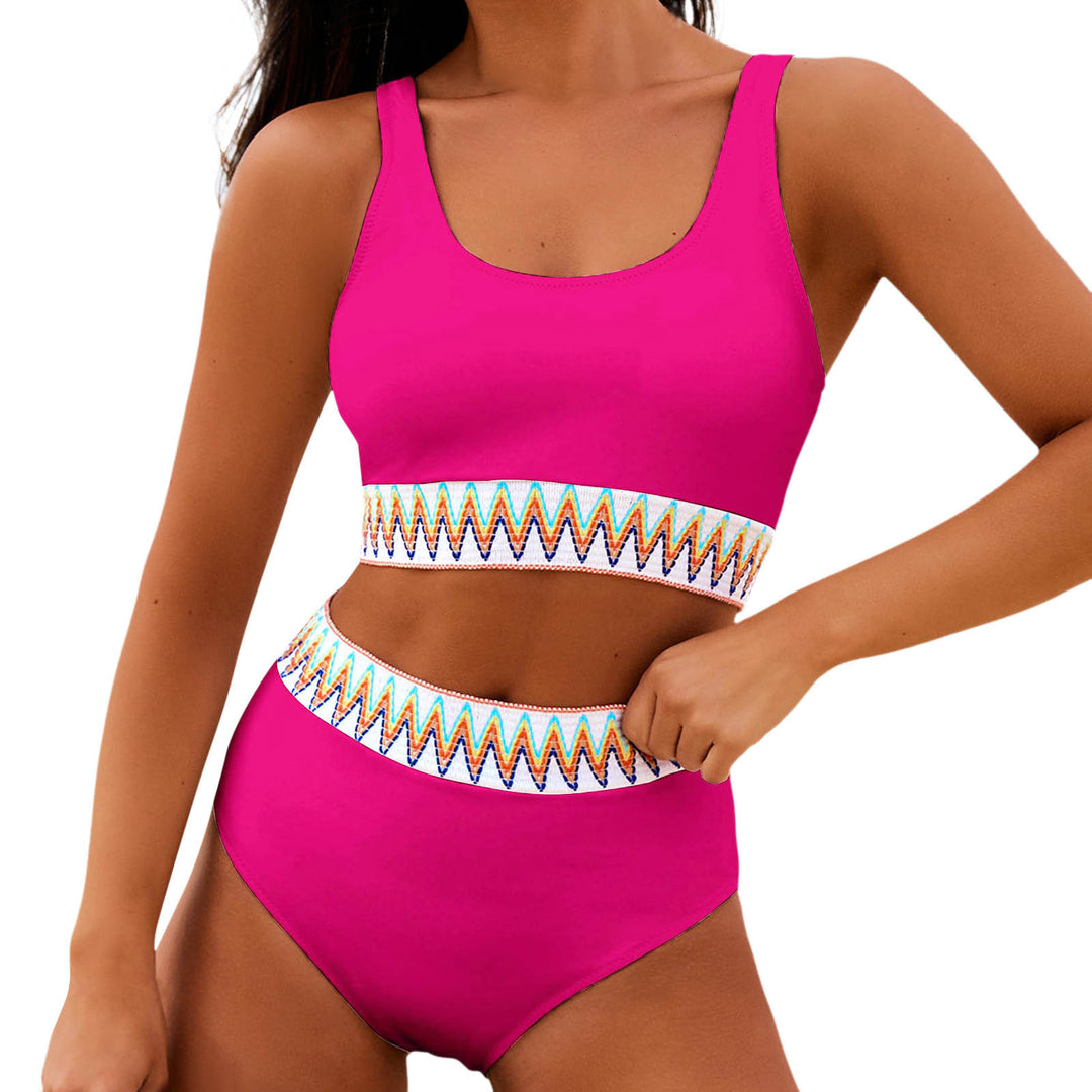Women's High Waisted Bikini Set with Trendy Striped Band Mune Fashion