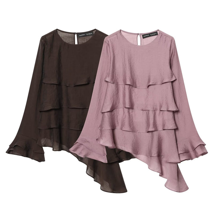Women 50+ layered ruffle blouse with asymmetrical hem and bell sleeves Mune Fashion