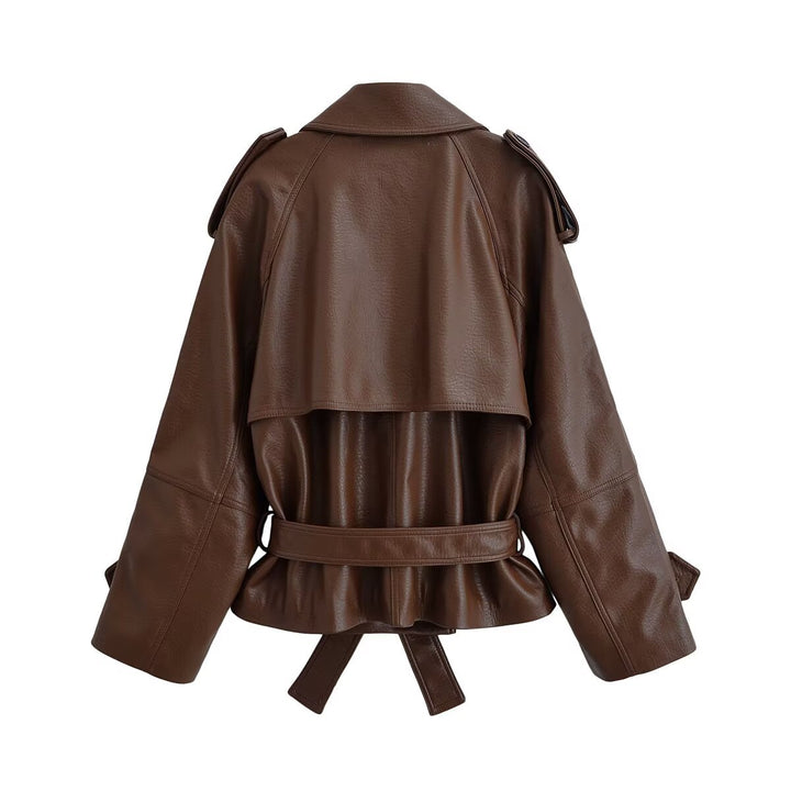Women's short faux leather trench coat with waist belt and shoulder patches Mune Fashion