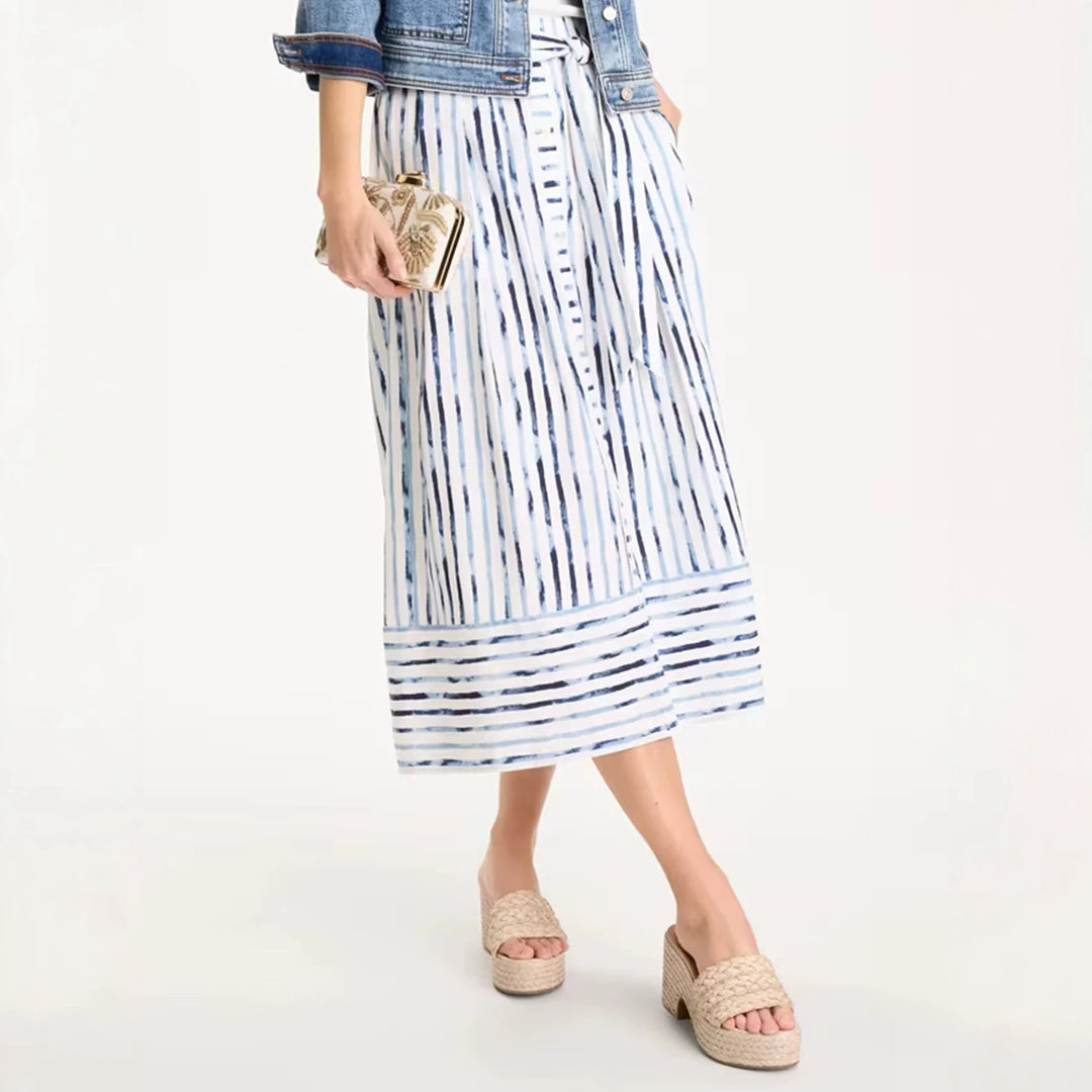 Ladies Striped Midi Skirt with Button Placket, Tied Belt and A-Line Cut Mune Fashion