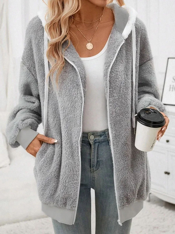 Women's Cozy Teddy Fleece Hoodie Jacket with Zipper and Oversized Cut Drune