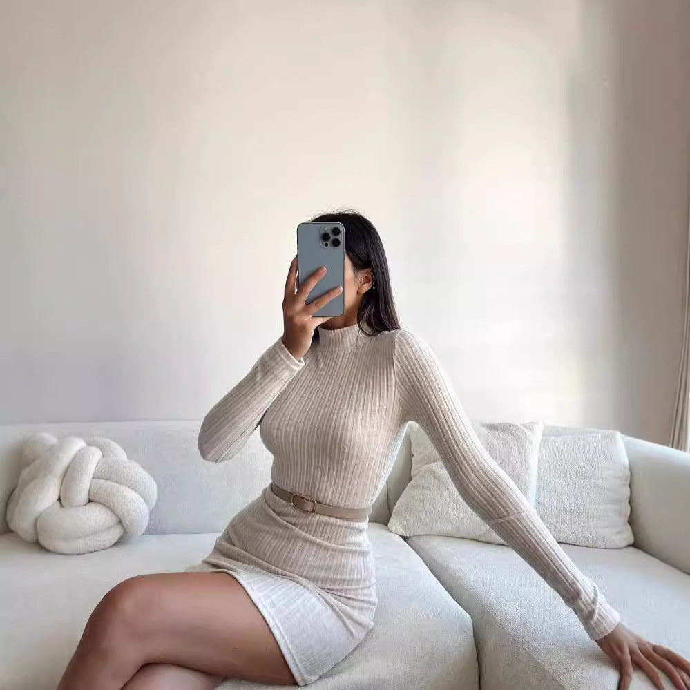 Women's Slim-Fitting Ribbed Knit Mini Dress with Turtleneck and Long Sleeves Mune Fashion
