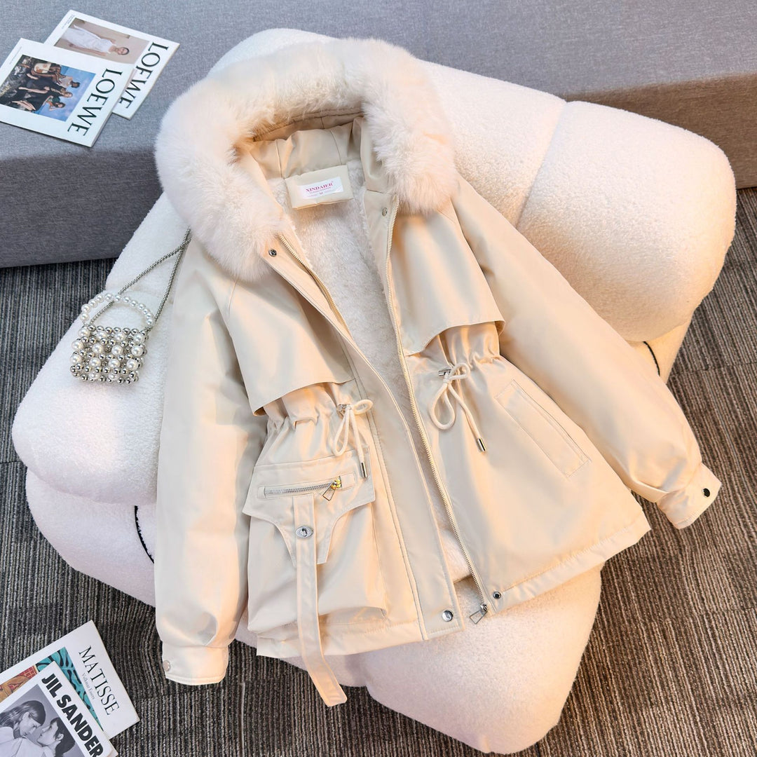 Women's short padded parka with faux fur collar, teddy lining, drawstring waist, and multifunctional pockets Mune Fashion
