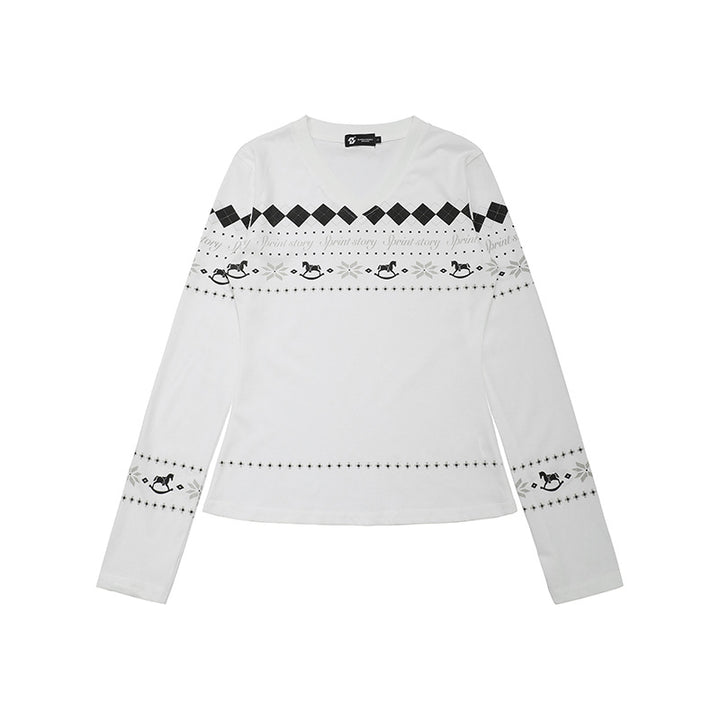 Women's Long Sleeve Shirt with V-Neck and Scandinavian Norwegian Print made of Cotton Blend Mune Fashion