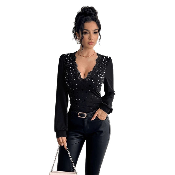Women's tailored long sleeve shirt with deep lace décolletage, gathering, and crystal embellishment Mune Fashion