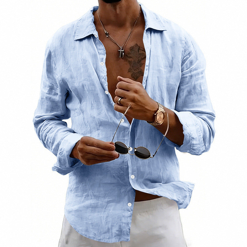 Men's airy relaxed linen shirt with open lapel, rounded hem, and roll-up sleeves Mune Fashion