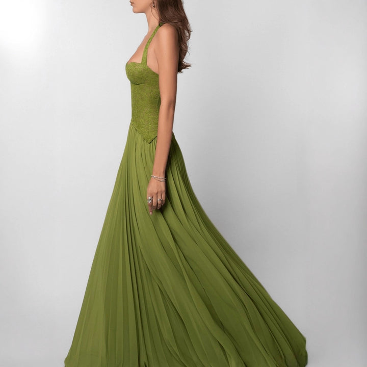 Ladies nan halter neck corset dress with lace corset and flowing pleated skirt Mune Fashion