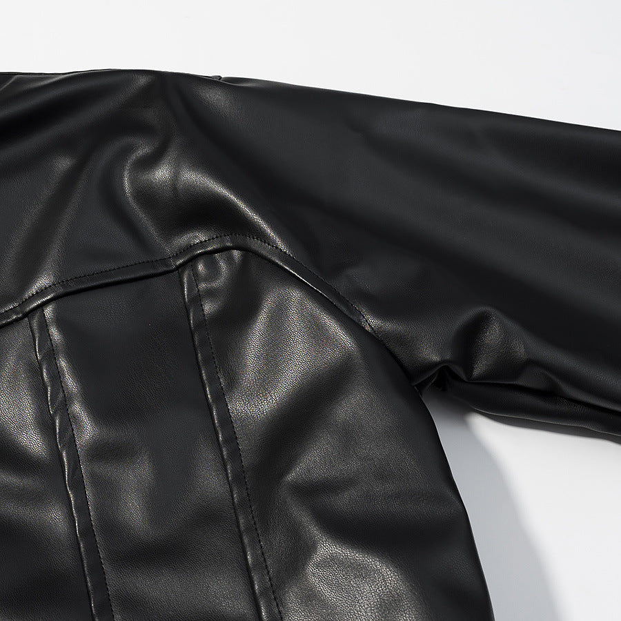 Women's Cropped Boxy Faux Leather Jacket with Stand Collar and Constructive Dart Seams Mune Fashion