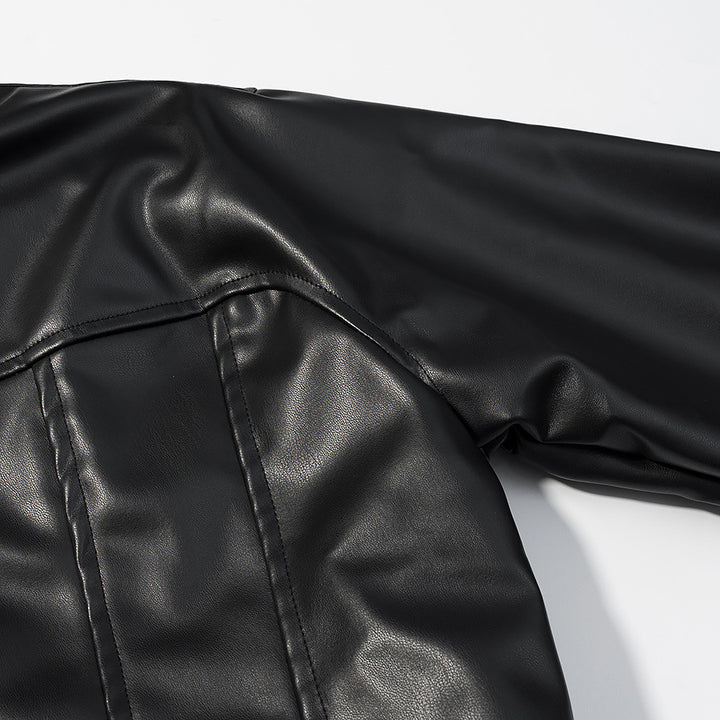 Women's Cropped Boxy Faux Leather Jacket with Stand Collar and Constructive Dart Seams Mune Fashion