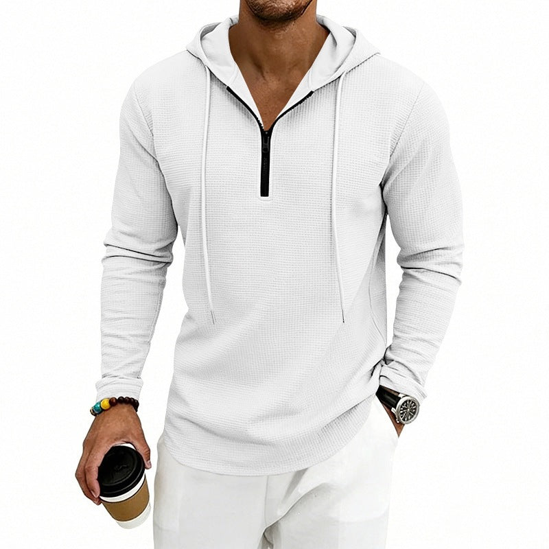 Men's Casual Waffle Fabric Hoodie with Half Zipper and Hood Mune Fashion
