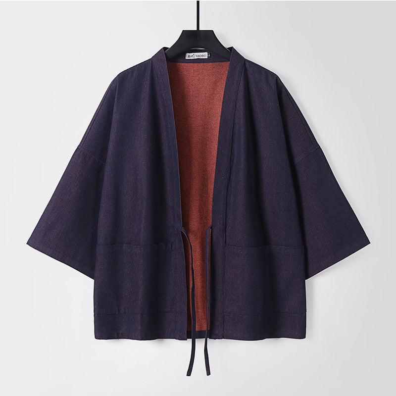 Unisex Light Denim Kimono Jacket with Contrast Lining and Tie Belt Mune Fashion