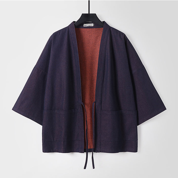 Unisex Light Denim Kimono Jacket with Contrast Lining and Tie Belt Mune Fashion