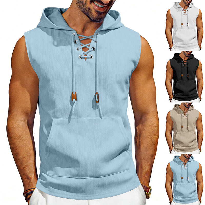 Men's sleeveless hooded vest with lace-up V-neck, kangaroo pocket, and casual fit Mune Fashion