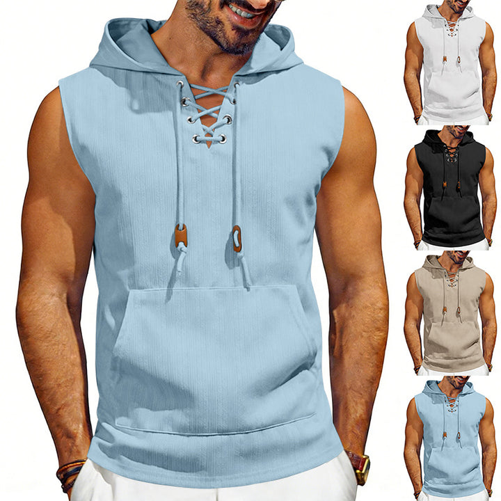 Men's sleeveless hooded vest with lace-up V-neck, kangaroo pocket, and casual fit Mune Fashion