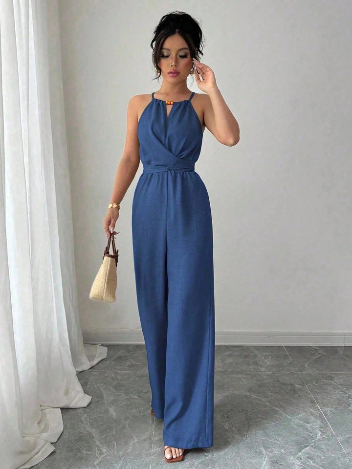 Women's Sleeveless Halter Jumpsuit with Wrap Top and Wide Leg Mune Fashion