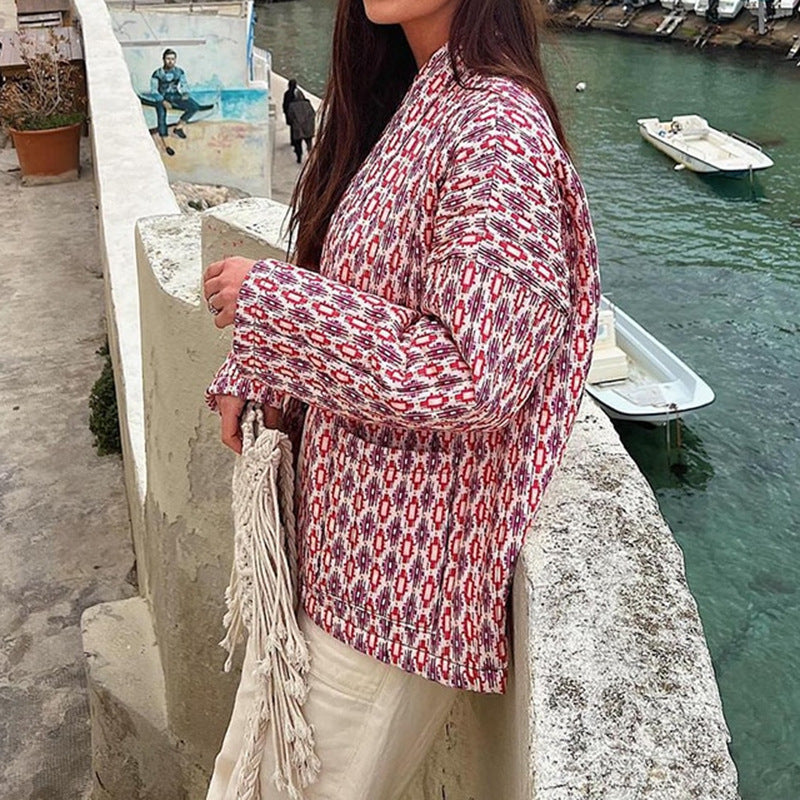 Women's Patterned Kimono Quilted Jacket with Open Front and Patch Pockets Mune Fashion
