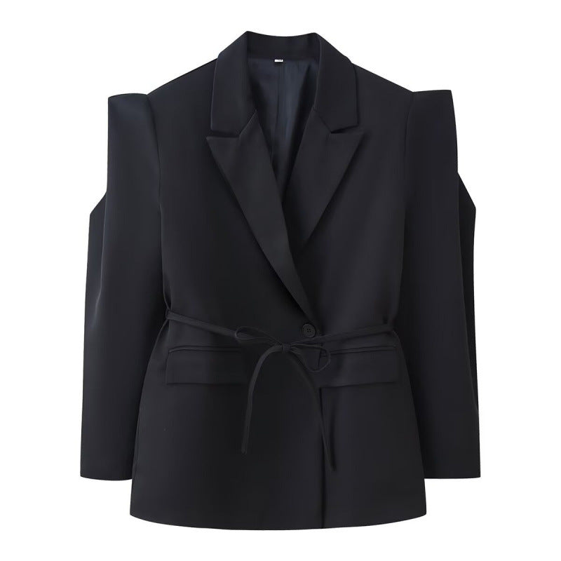 Women Tailored Blazer with Delicate Tie Waist, Emphasized Shoulder Area and Flap Pockets Mune Fashion
