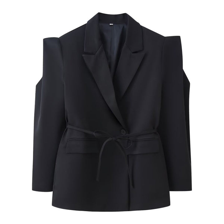 Women Tailored Blazer with Delicate Tie Waist, Emphasized Shoulder Area and Flap Pockets Mune Fashion