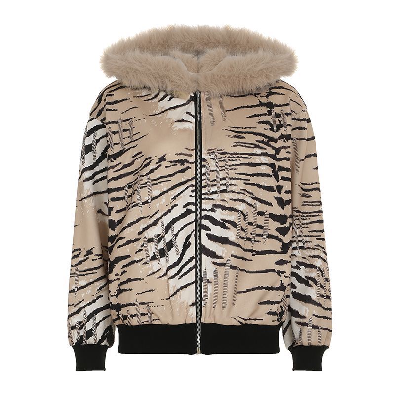 Women's printed bomber jacket with hood and faux fur collar, elastic cuffs and full zip Mune Fashion