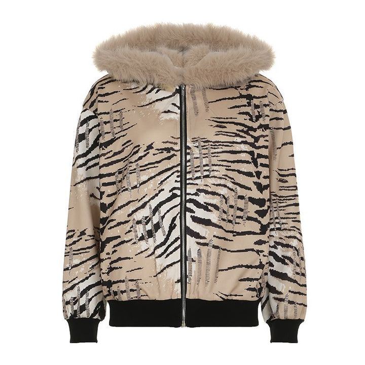 Women's printed bomber jacket with hood and faux fur collar, elastic cuffs and full zip Mune Fashion