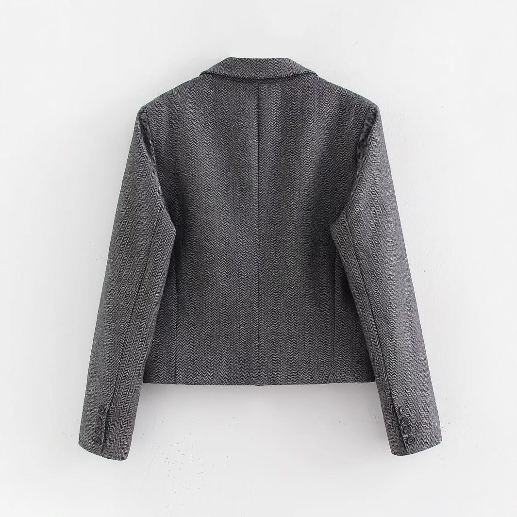 Women Short Cut Double Breasted Blazer in Houndstooth Pattern Mune Fashion