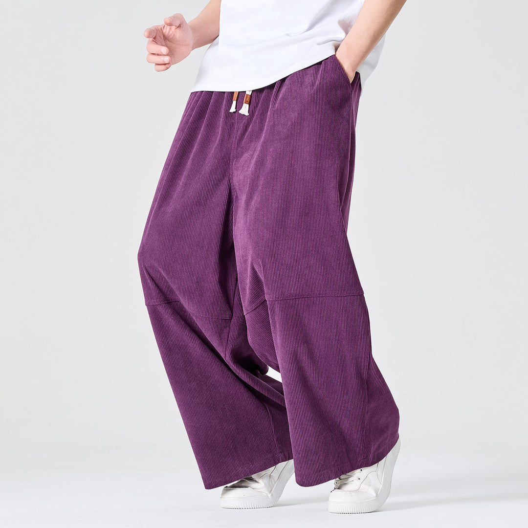 Men's Wide Cord Pants in Palazzo Cut with Elastic Waistband and Drawstring Mune Fashion