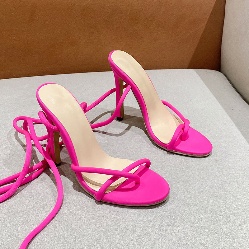 Women's ankle strap sandals with twisted lace straps, slim stiletto heel, and padded comfort footbed Mune Fashion