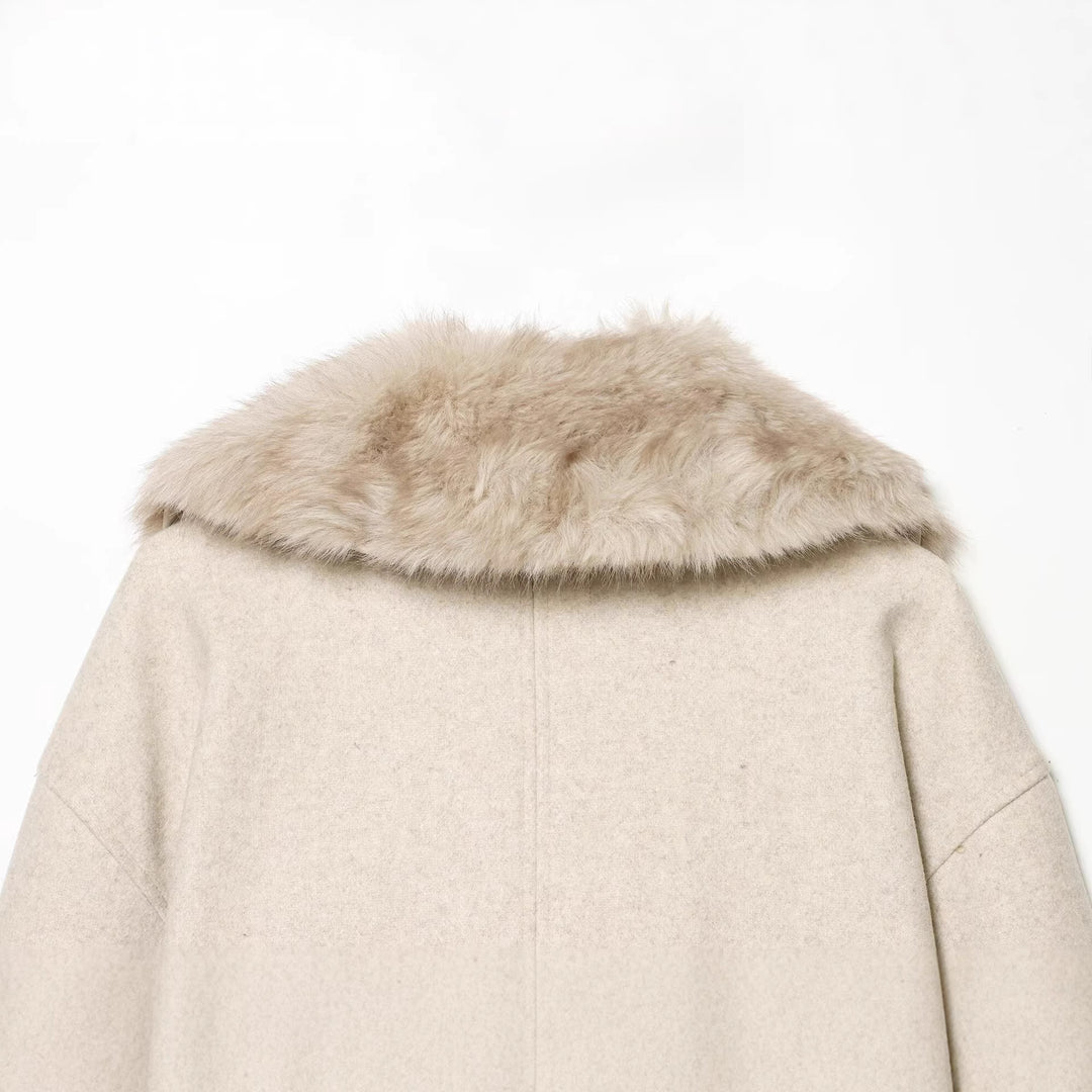 Women Short Wool Blend Coat with Oversized Faux Fur Shawl Collar Mune Fashion