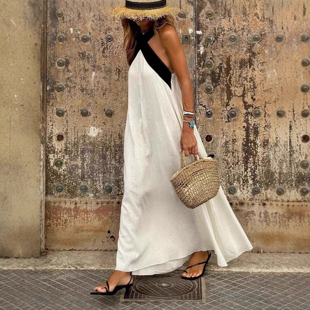 Women’s airy kaftan dress with crossed strap detail, breast yoke and wide fall Mune Fashion