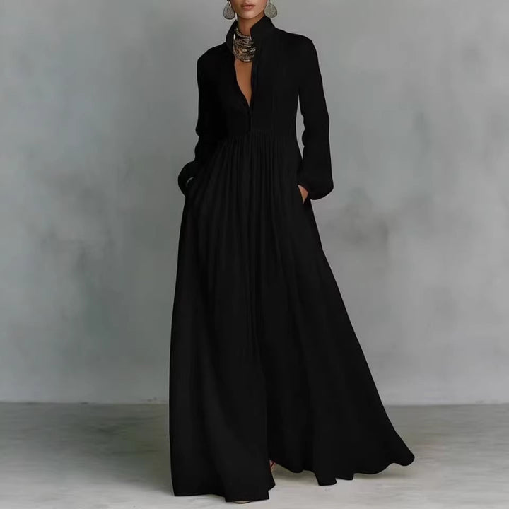Women’s maxi dress with stand-up collar, button placket, and side pockets Mune Fashion