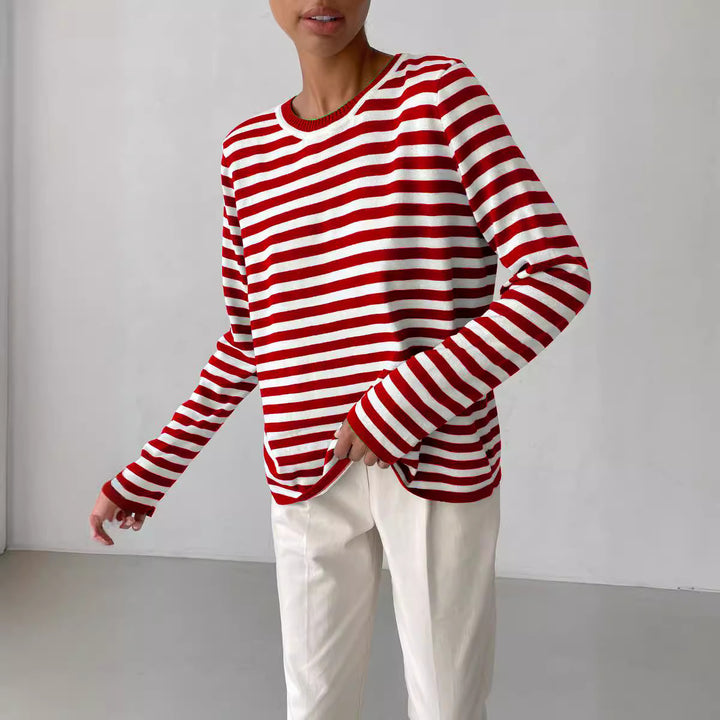 Women's striped cotton sweater with round neck and relaxed fit Mune Fashion