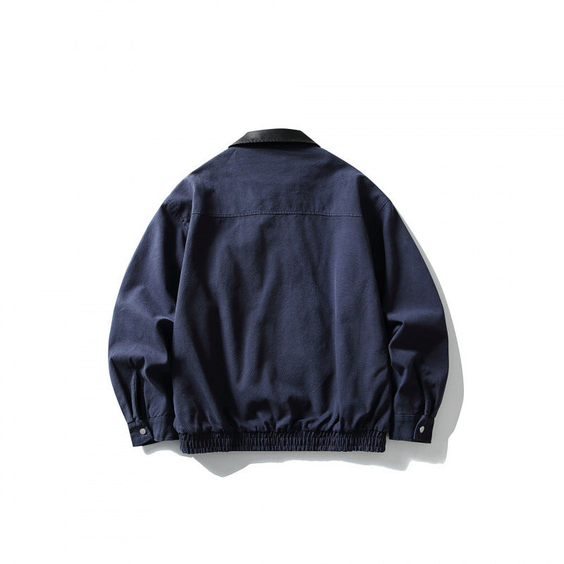 Men's Boxy Worker Jacket with Faux Leather Collar, Full-Length Zipper and Elastic Hem Mune Fashion
