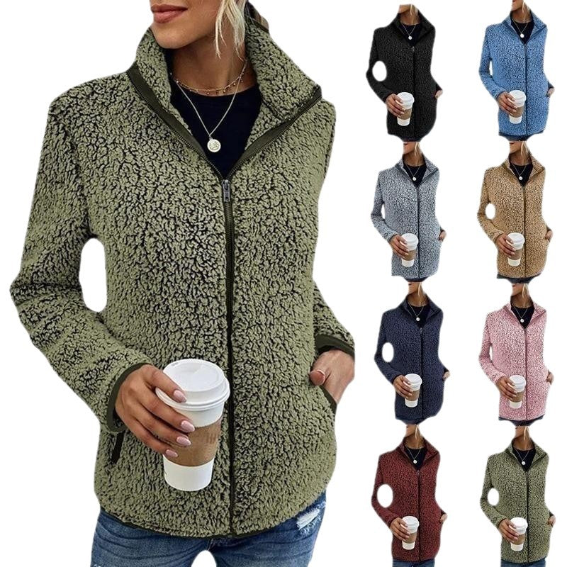 Women cozy teddy fleece jacket with stand-up collar and zipper Mune Fashion