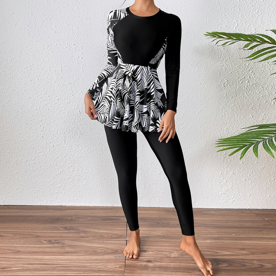 Damen Sportlicher Langarm Badeanzug mit Rüschendetails Echo Archiv