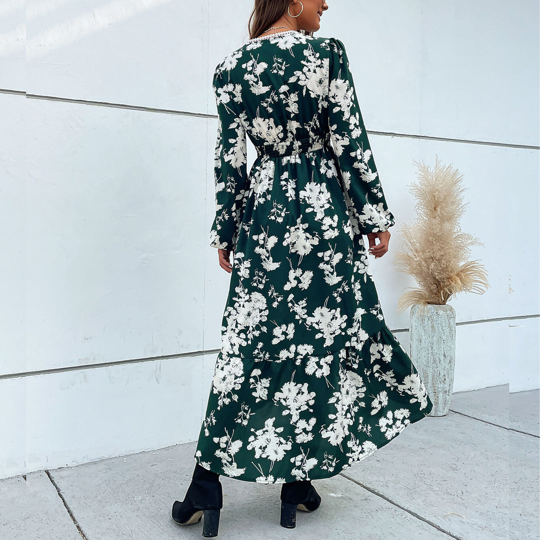 Women's Floral Midi Dress with V-Neck, Lace Trim and Waist-Defining Wrap Look Mune Fashion