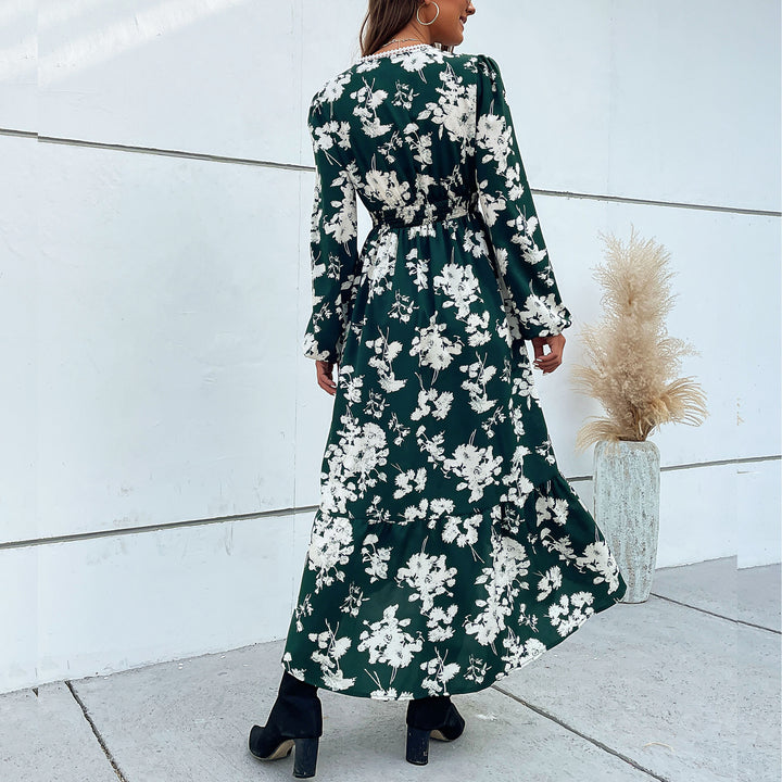 Women's Floral Midi Dress with V-Neck, Lace Trim and Waist-Defining Wrap Look Mune Fashion