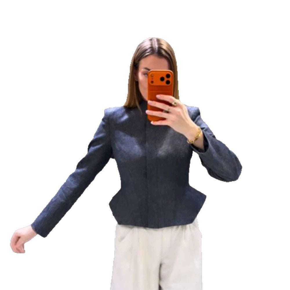 Women's short blazer with stand-up collar, fitted peplum, and concealed button placket Mune Fashion