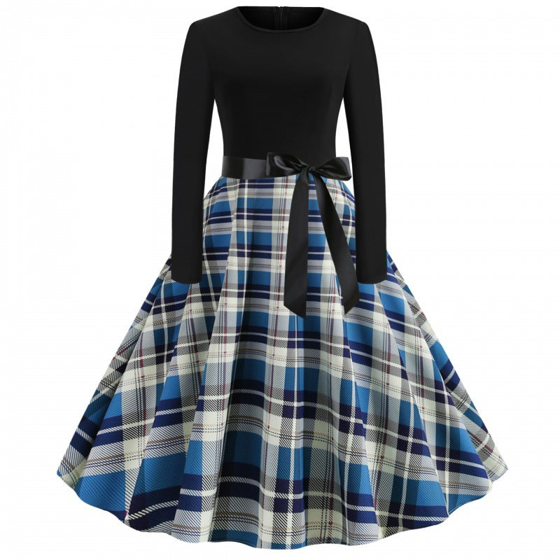 Ladies Vintage Pleated Dress with Checkered Pleated Skirt, fitted Long Sleeve Top and Satin Sash Mune Fashion