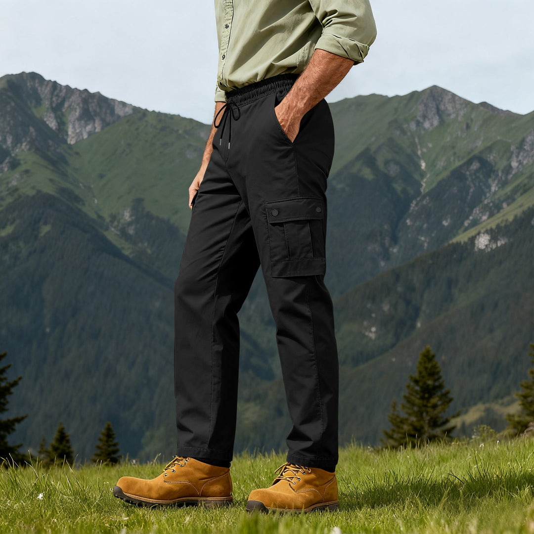 Men's outdoor cargo pants with elastic drawstring waistband and snap-button pockets Mune Fashion