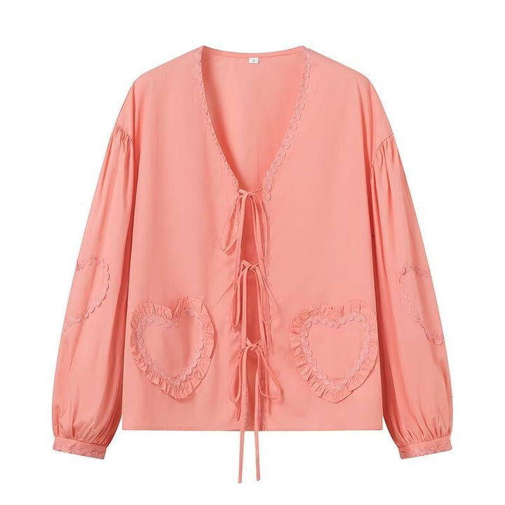 Women's Long-Sleeved V-Neck Blouse with Ties and Heart Ruffle Pockets Mune Fashion