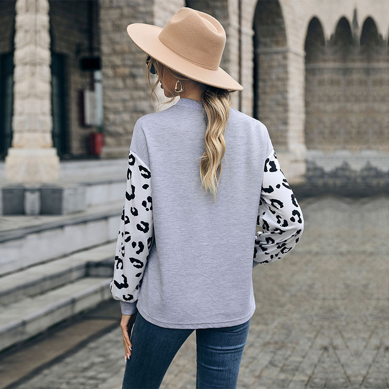 Women Casual Sweater with Leopard Sleeves Mune Fashion