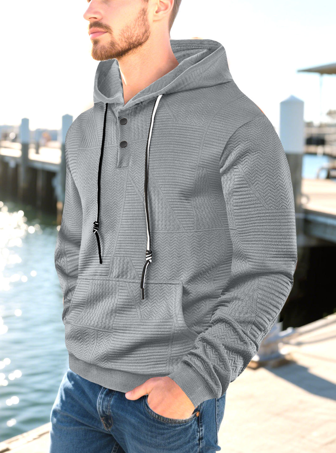 Men's hooded sweatshirt with geometric structure, Henley placket, and kangaroo pocket Mune Fashion