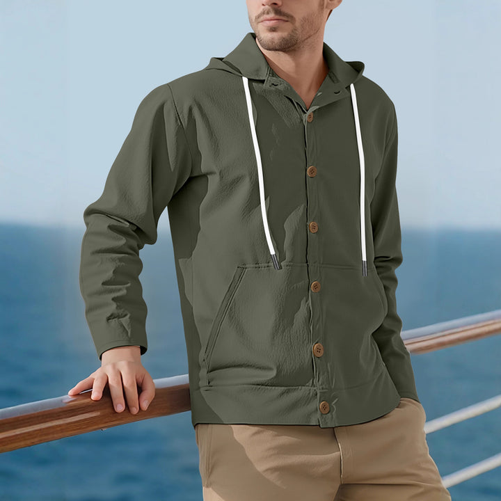 Men's lightweight hoodie jacket with button placket, kangaroo pocket, and drawstring Mune Fashion