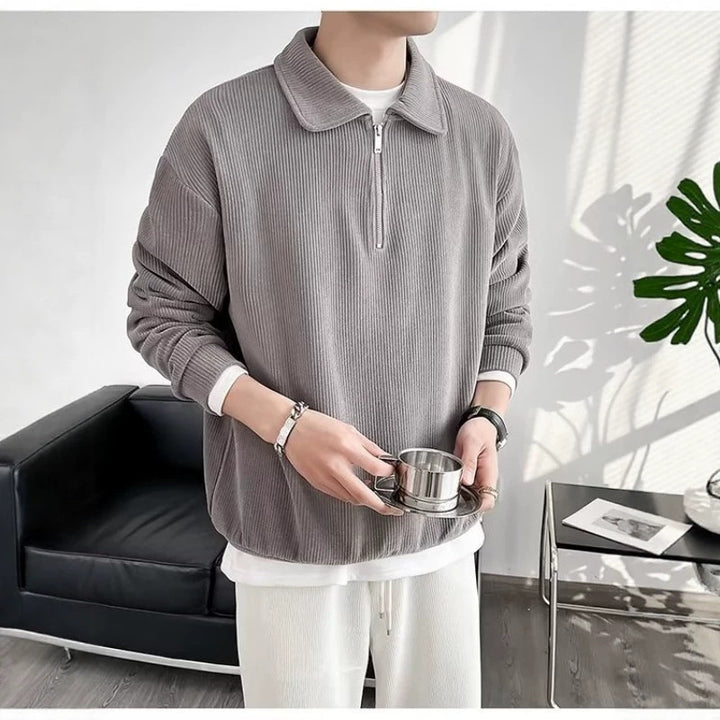 Men's Ribbed Pullover with Half-Zip and Polo Collar Mune Fashion