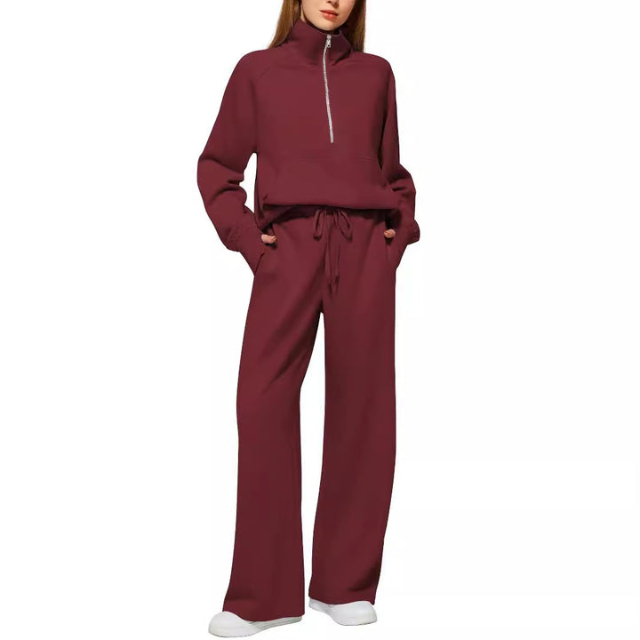Women half-zip lounge set with high stand-up collar, kangaroo pocket and wide high-waist joggers Mune Fashion