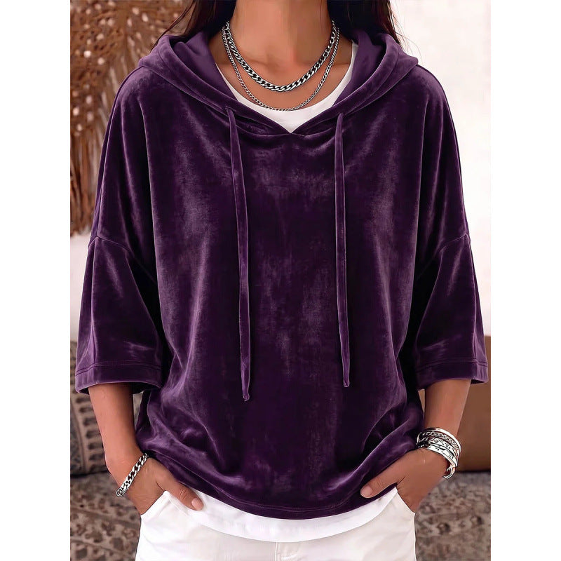 Women Oversize Velvet Half-Sleeve Hoodie with Drawstring and Pockets Mune Fashion