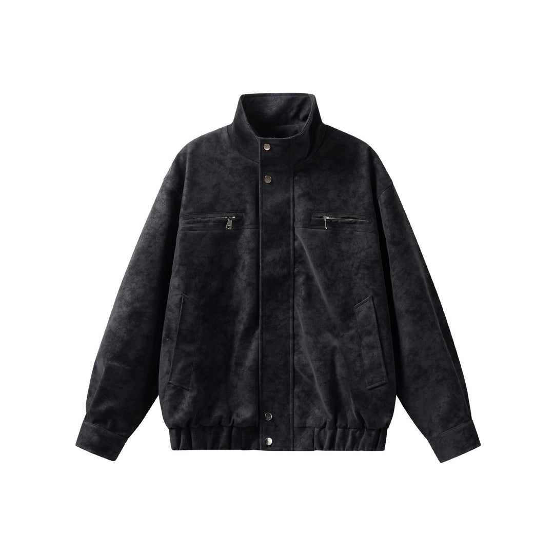 Women's short jacket in leather look with high stand-up collar, zip pockets and elastic hem Mune Fashion