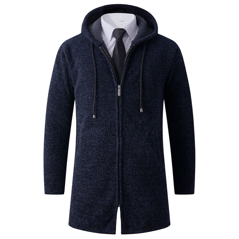 Men's fitted knit coat with hood, full-length zipper and warming teddy lining inside Mune Fashion