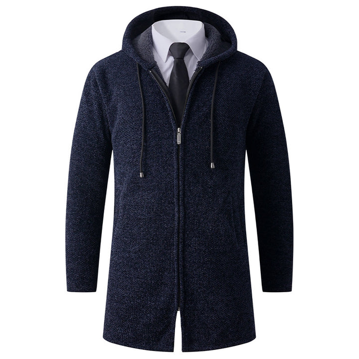 Men's fitted knit coat with hood, full-length zipper and warming teddy lining inside Mune Fashion