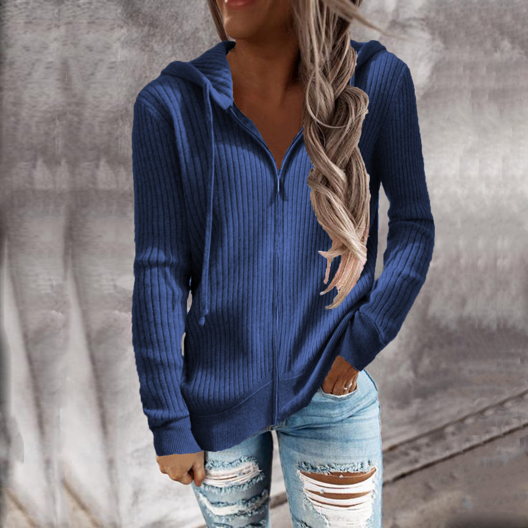 Women's Ribbed Hooded Sweater with Zipper and Front Pockets Mune Fashion